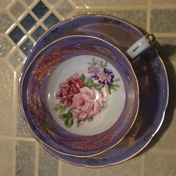 L M Royal Halsey Teacup and Saucer Pretty Purple Vintage.